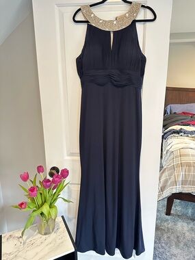 Eliza J Navy Maxi Dress with Gold Beaded Collar